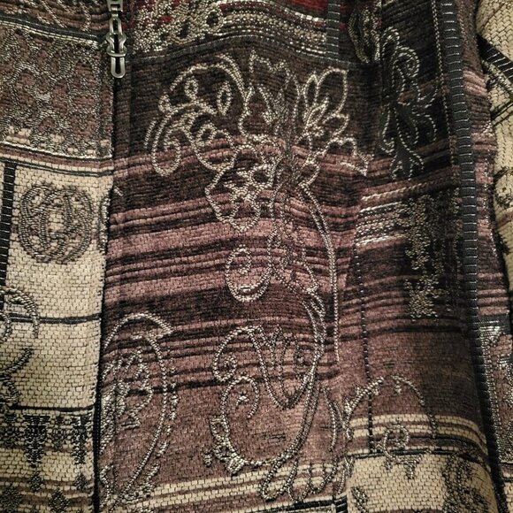 Dress Barn Burgundy Tan Beige Fall Colors Tapestry Zip Up Blazer Size Large - Picture 9 of 12